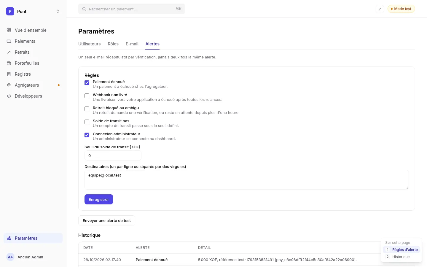 Page Alertes : règles activables et historique