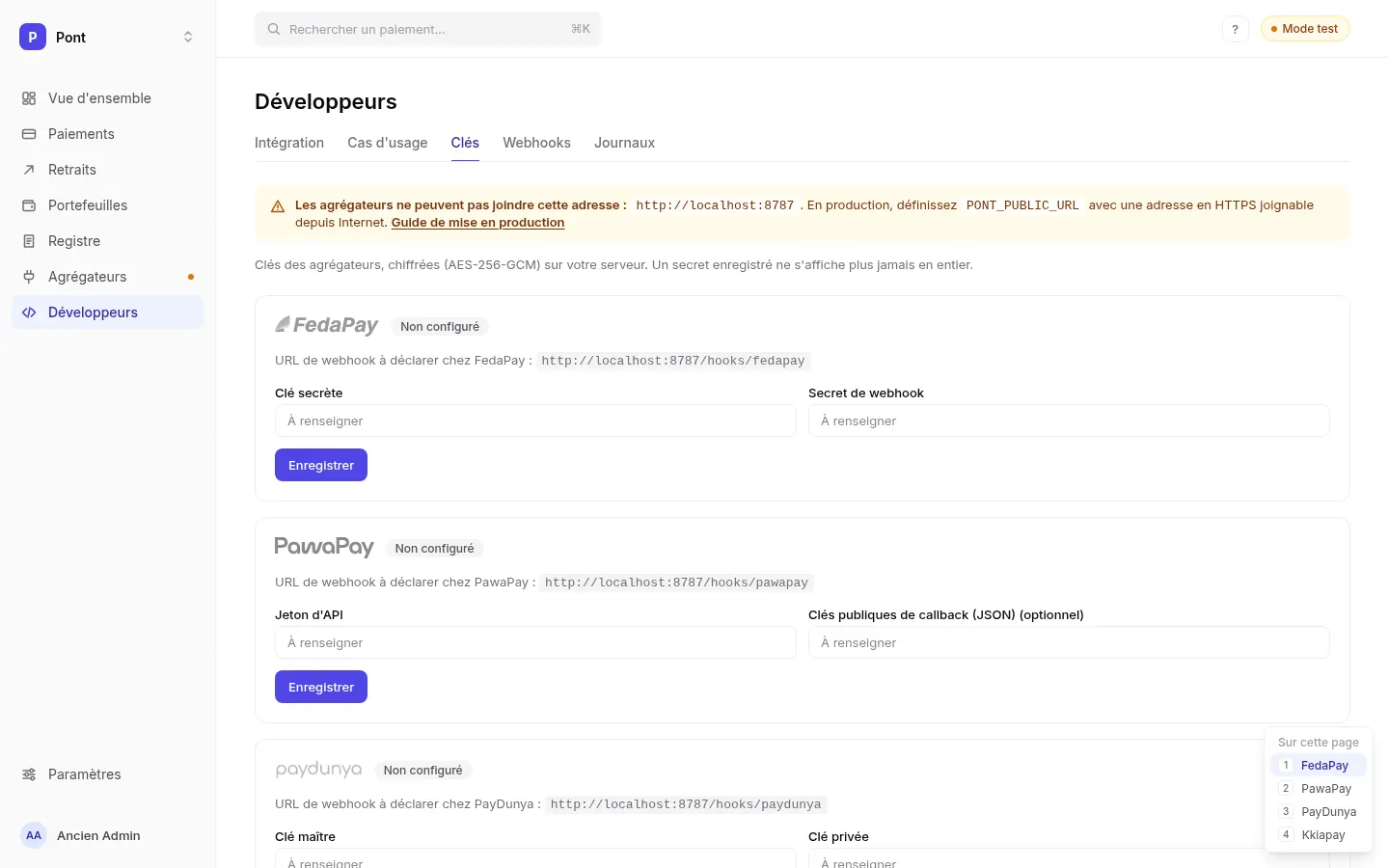 Page Clés du dashboard