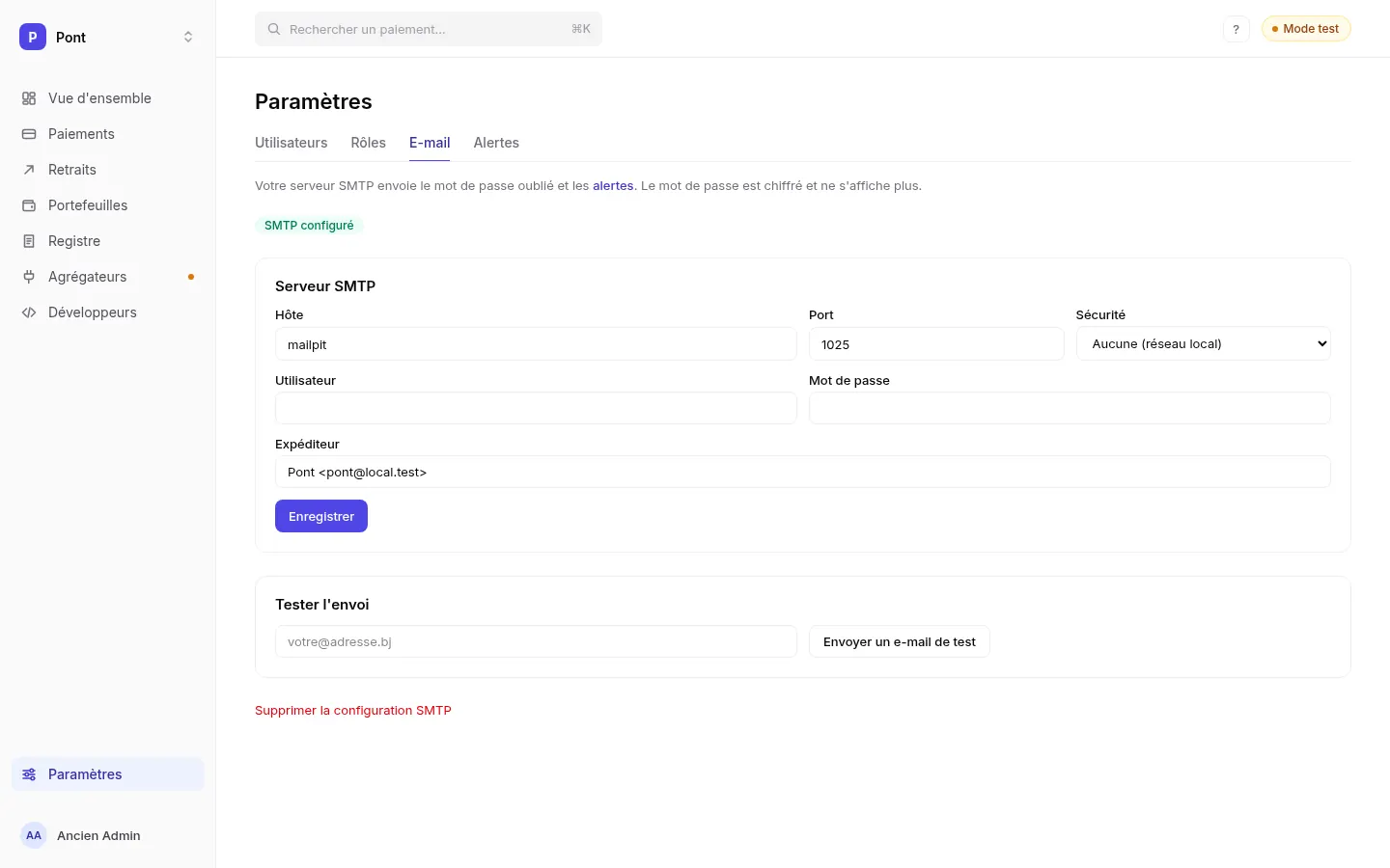 Page E-mail : configuration du serveur SMTP