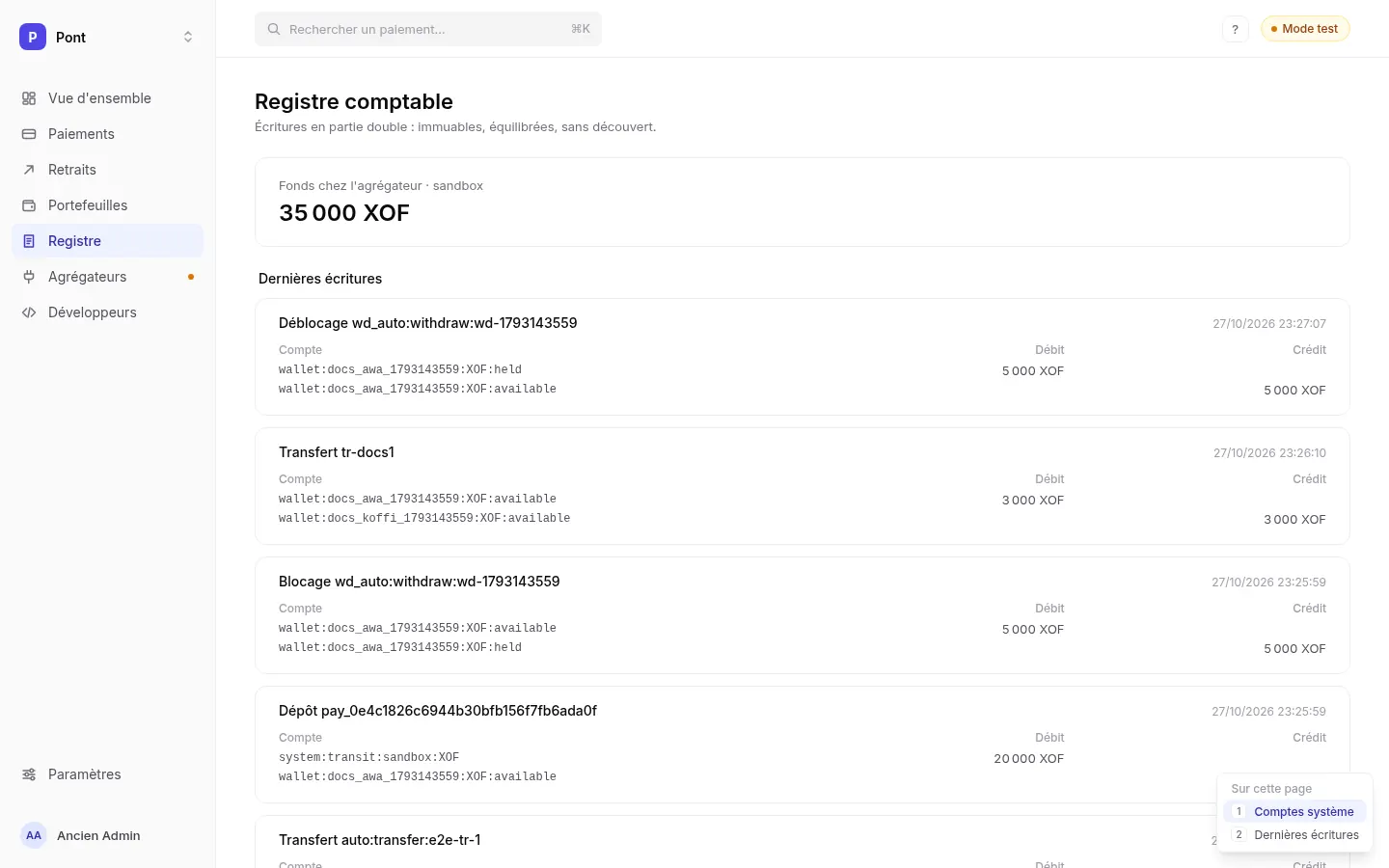 Registre comptable : comptes système et dernières écritures en partie double