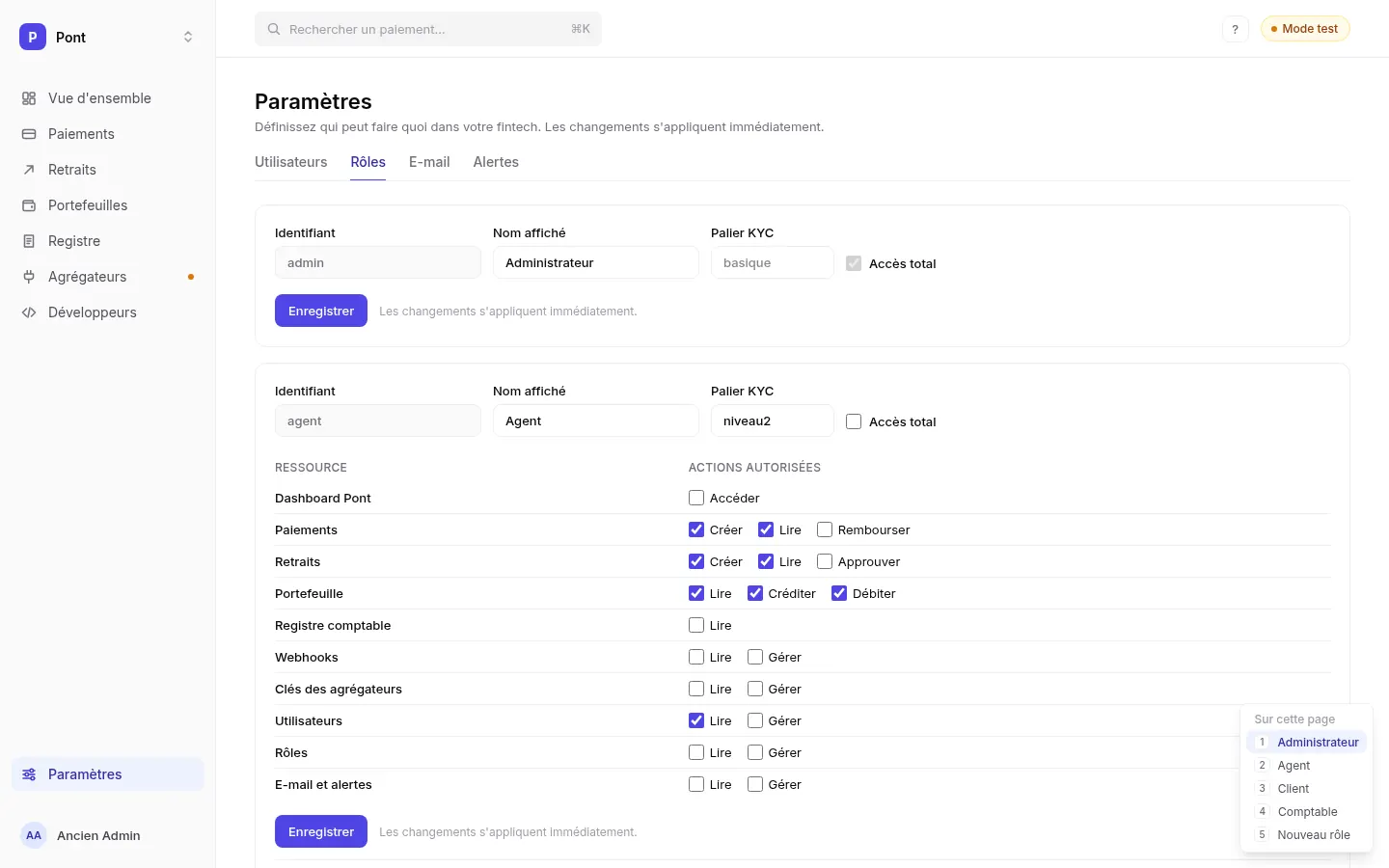 Page Rôles : liste des rôles avec leurs permissions