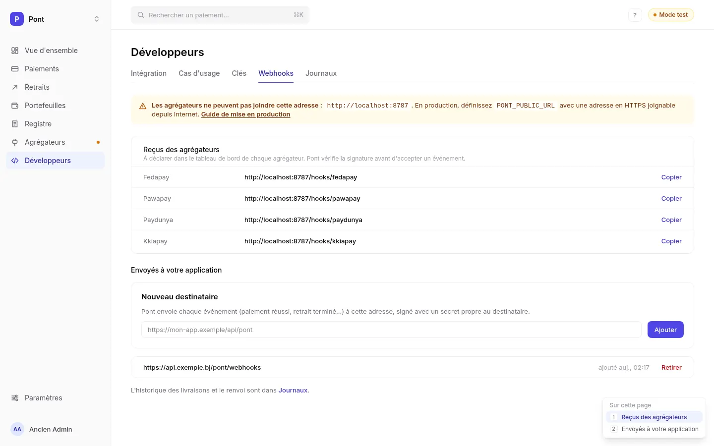 Page Webhooks du dashboard